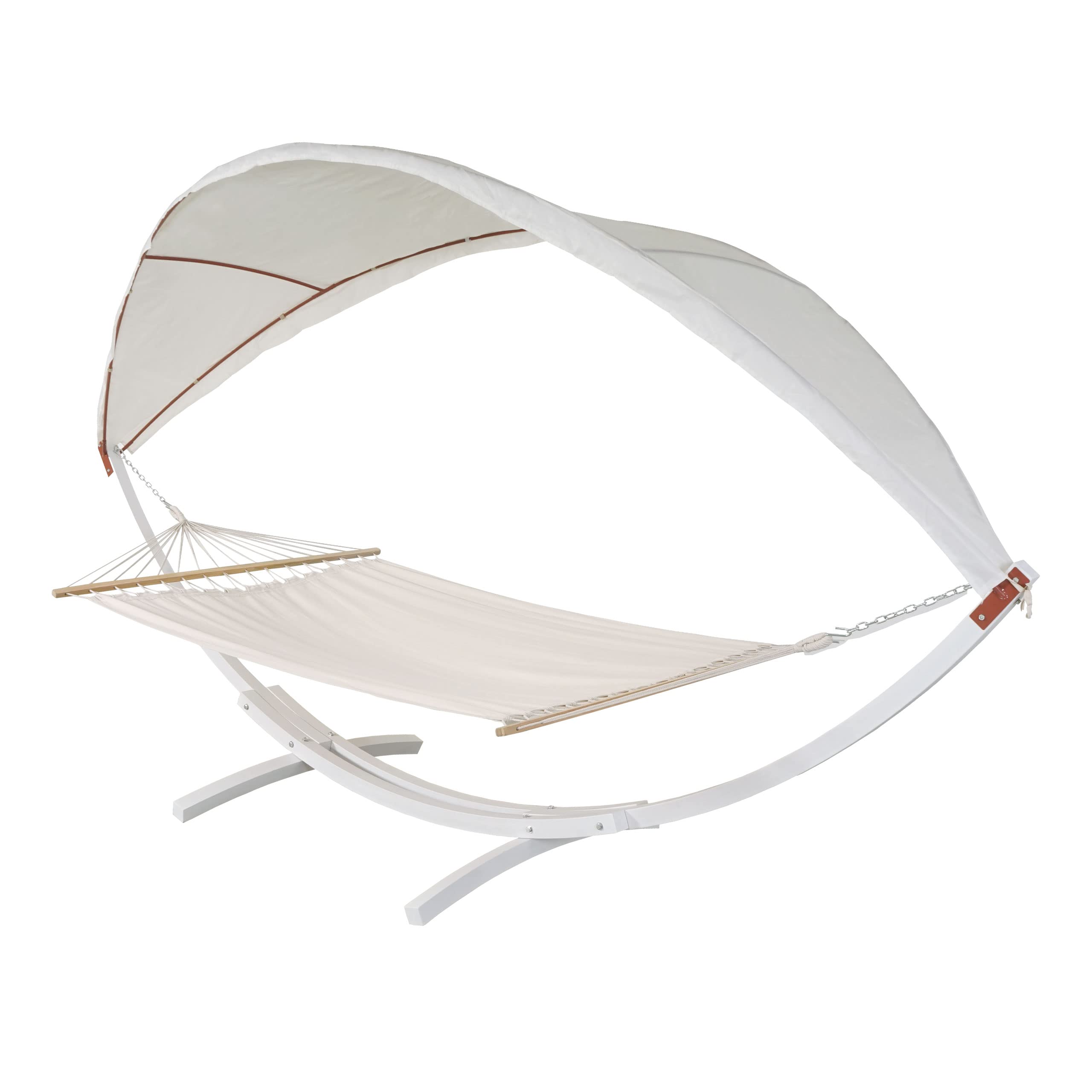 Amaca 2 posti con struttura in legno e parasole HWC-J47 regolabile 420cm - bianco telo avorio