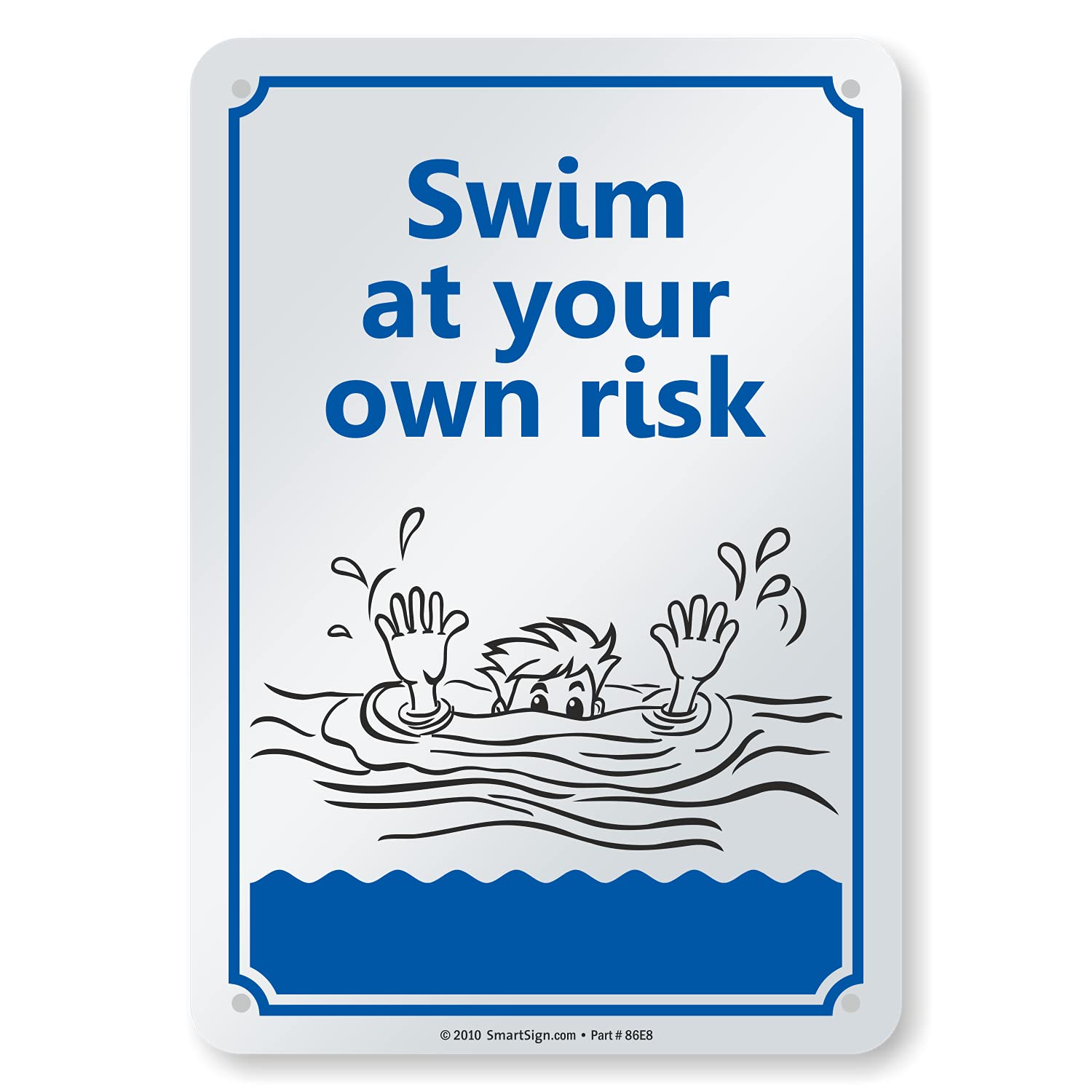 SmartSign 10 x 7 inch “Swim At Your Own Risk” Pool Safety Sign with Drowning Graphic, 55 mil HDPE Plastic, Blue, Black and White