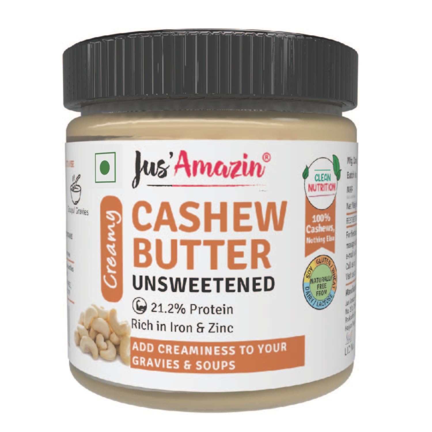 Jus' Amazin Cashew Butter - All Natural, Unsweetened, High Protein, Cholesterol Free, Dairy Free, 100% Natural, Plant-Based Protein, 200 gms