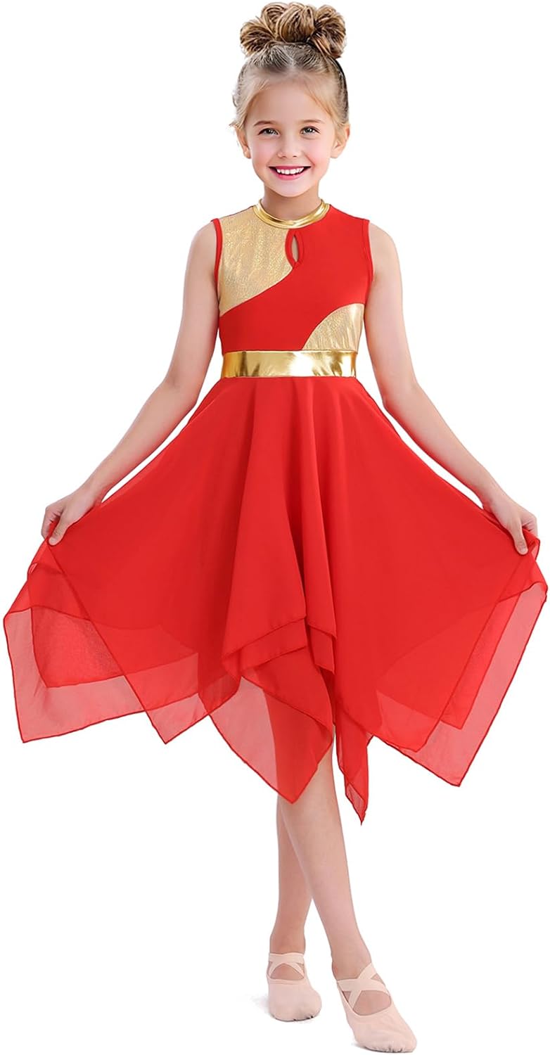 Girl's Praise Dance Overlays and Tunics Metallic Color Liturgical Dancewear Irregular Hem Lyrical Dance Dress
