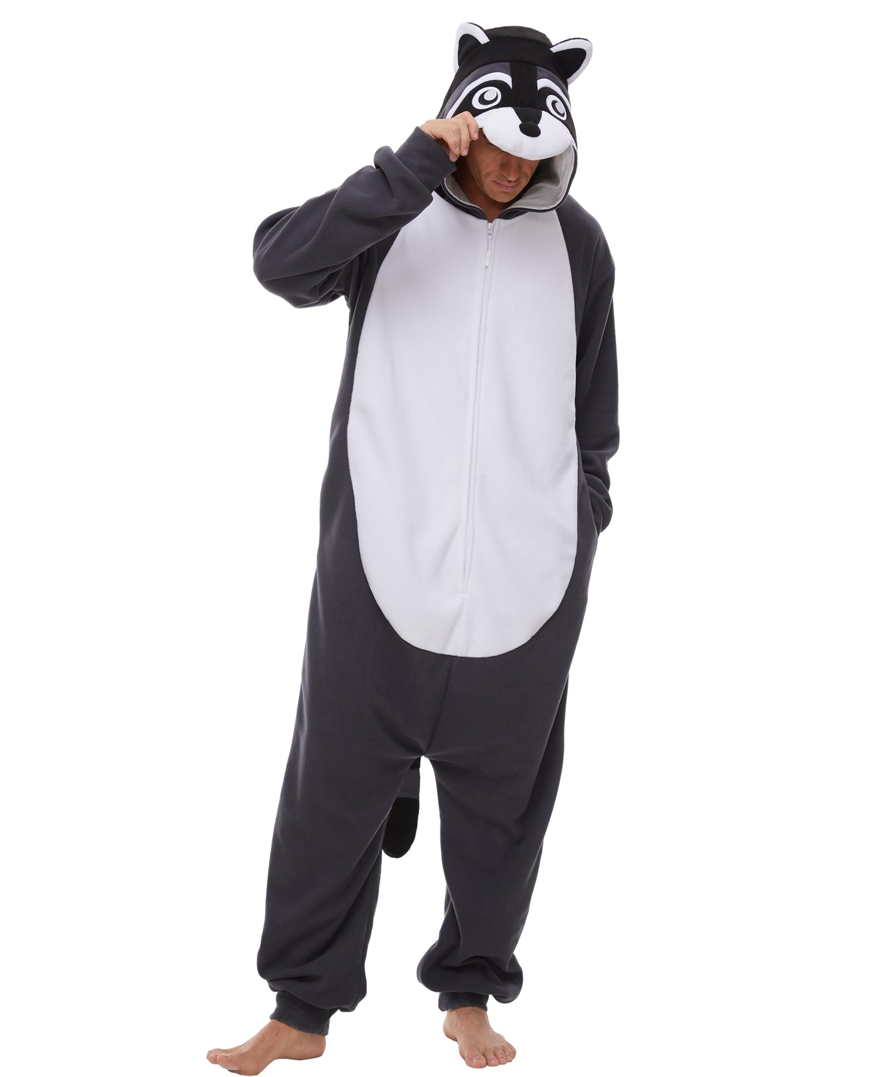 Kidukso Erwachsene Waschbär Jumpsuit Lustiges Tier Einteiler Schlafanzug Halloween Karneval Cosplay Kostüm, Grau