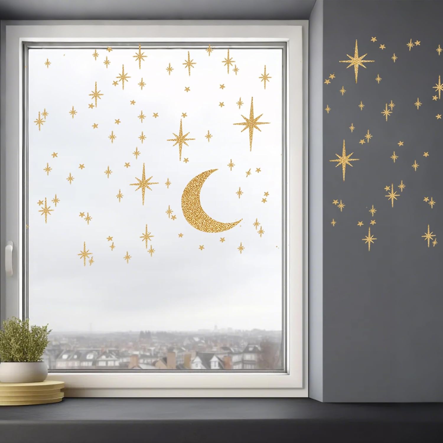 Star and Moon Wall Decals 104 Pcs Peel and Stick Window