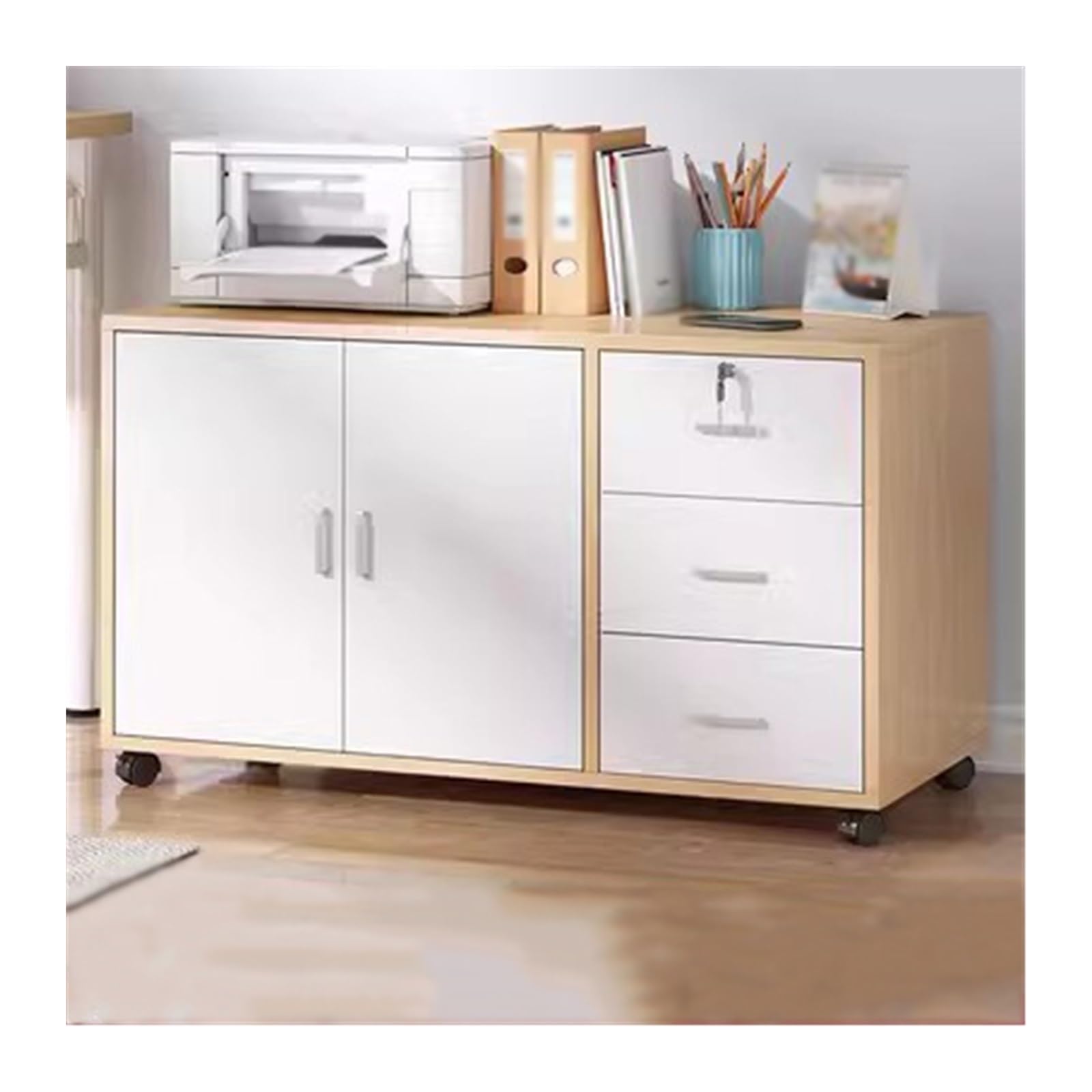 Aioneer File Cabinet Filing Cabinet Wooden Floor Standing Cabinet Three Drawers With Double Door Storage Filing Cabinet Lockable Storage Office Filing With Removable Rollers Fili-Log Color+white