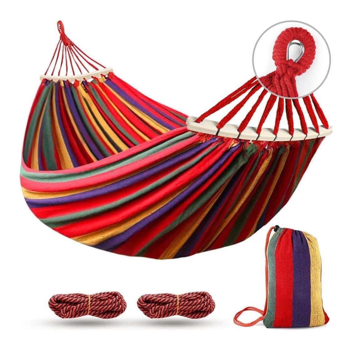 Double Person Cotton Hammock with Spreader Bars 2 Person Extra Large 200X150cm Load Capacity 550lbs Canvas Cotton Hammock for Patio Porch Garden Backyard Lounging Outdoor (1 pcs) (Red)-image-19