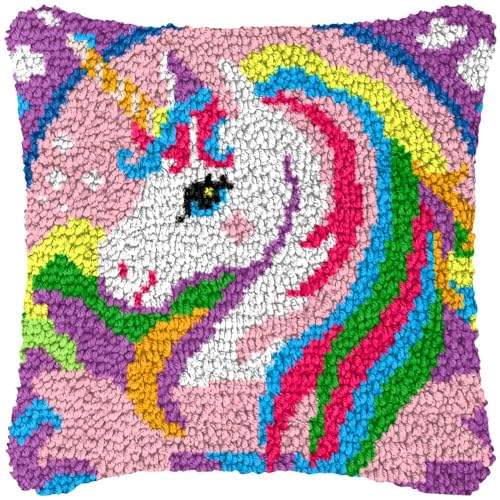 Image of Howie's Latch Hook Kits, DIY Rainbow Unicorn Latch Hook Pillow Kit for Adults Crochet Yarn Kits, Color Preprinted Pattern Embroidery Sofa Cushion Cover (Rainbow Unicorn 2, 16.93 x 16.93 inch)