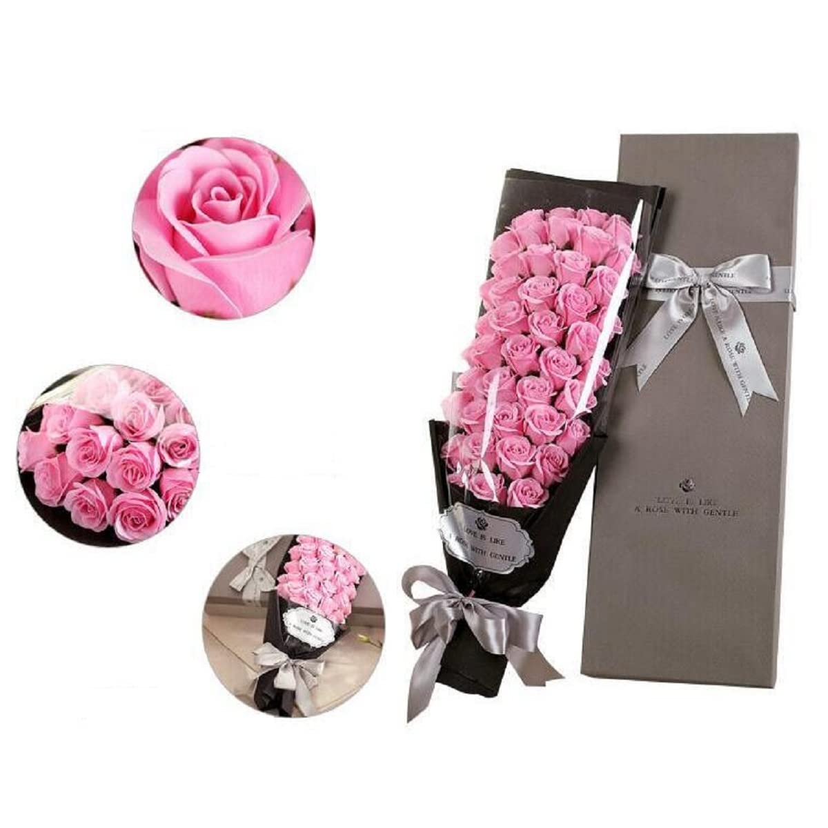 Savon Parfumé Rose Fleur 51 Roses Bouquet De Fleurs Artificielles Cadeau Fleur De Savon Boîte-Cadeau Bouquet pour La Saint-Valentin Fête des Mères Anniversaire Mariage,Rose
