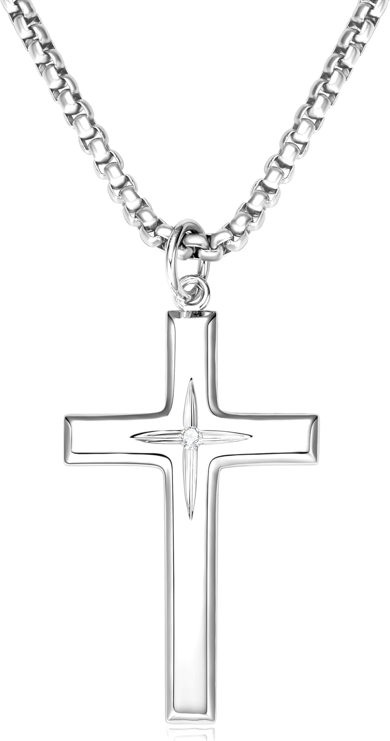 925 Sterling Silver Cross Necklace for Men Women Durable Stainless Steel Rolo Cross Chain 18K White Gold Plated Beveled Edge Black Gothic Rivets Textured Moissanite Crucifix Pendant Necklace 24”