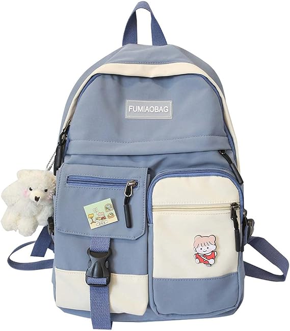 Amazon 女子学生原宿バックパックかわいいナイロン女性バッジランドセルカレッジレディカワイイバックパック女性ファッションバッグブックトレンディ Blue No Bear Pendant Xzjy カゴバッグ