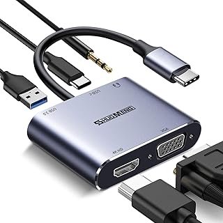 USB C to VGA HDMI MultiPort Adapter, USB C Hub (5 in 1), with 4K HDMI VGA Port, 100W Power Delivery, USB 3.0 Data Port, 3.5mm Mic/Audio Jack, for MacBook Air/Pro, Dell, Samsung, Other Type-C Device
