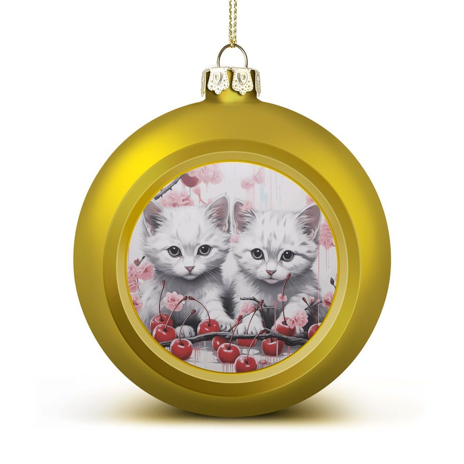 Cat and Cherry Christmas Balls Ornaments for Xmas Christmas Tree 1.6" Hanging Shatterproof Xmas Balls Hanging Decor Pendants for Holiday Party Outdoor Indoor DIY Craft Supplies