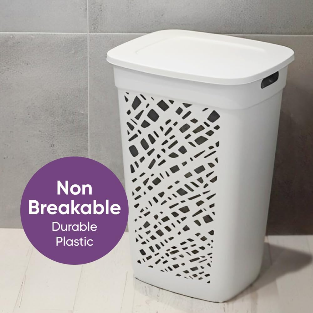 Non-Breakable Mosaic Hamper, 60L - Misty White, Elegant Design, Vented Laundry Basket, Made in France