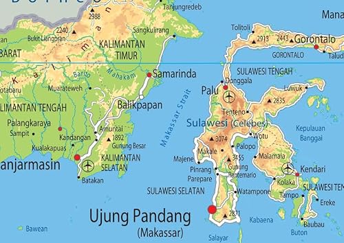 Mapa fizyczna Indonezja - laminowany papier (A1 rozmiar 59,4 x 84,1 cm)
