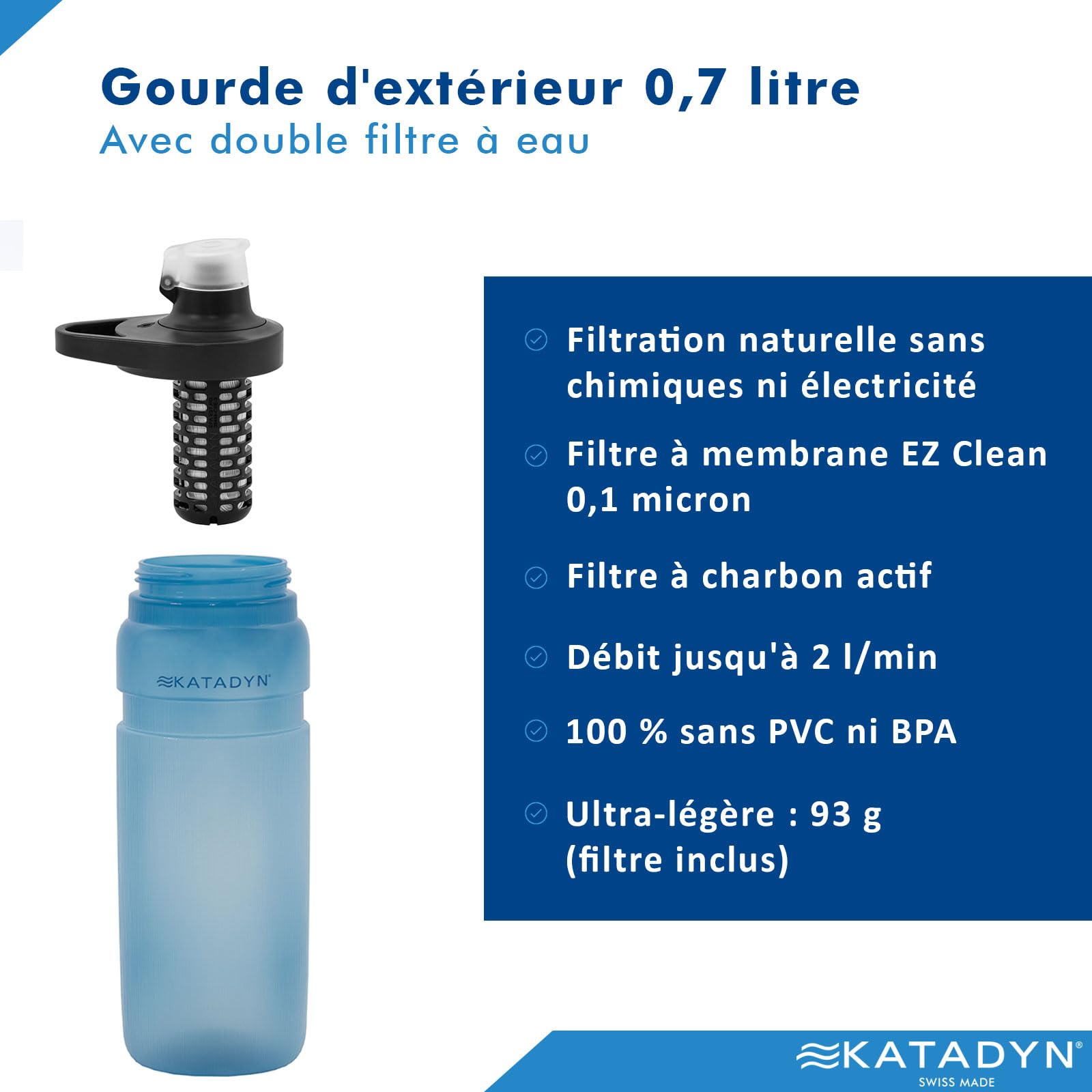 Katadyn BeFree AC Bottle Gourde filtrante à eau ultra légère pour l'extérieur, fibre creuse charbon actif, camping randonnée trekking voyage, filtration portable sans BPA (bleu)
