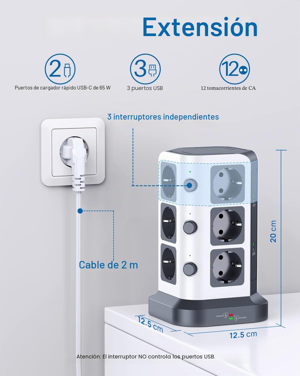 KOOSLA Regleta 65W PD USB-C, 12 Enchufes, 2M, Gris Oscuro | 12 Enchufes, 2 USB-C PD + 3 USB-A, 3680W/16A, Cable 2M, Protección contra Sobretensión