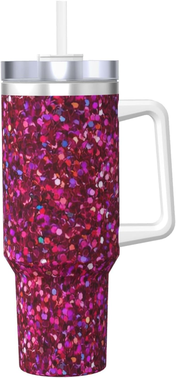 40 OZ Glitter pattern Print Ice Bully Cup with Handle Straw Lid Straw,Stainless Steel Tumbler Coffee Cup