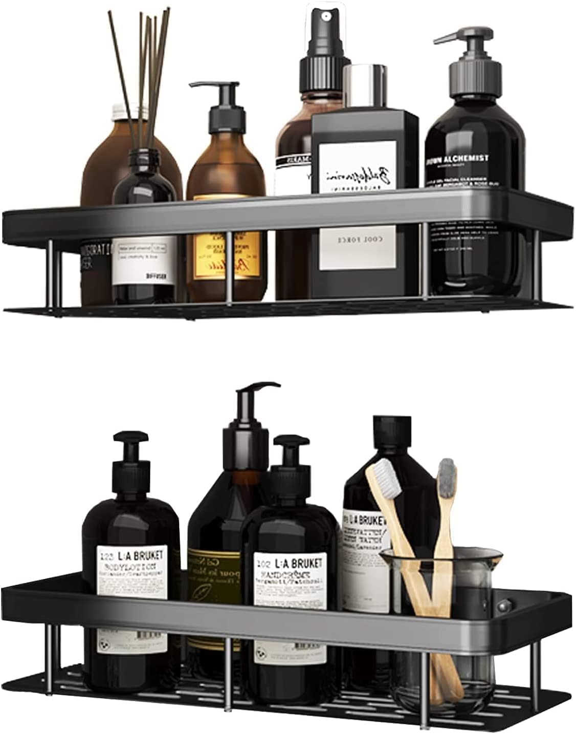 Shower Caddy 2 Pack, Drill-Free & Quick-Dry Shower Shelf for inside Shower, Large Capacity Rustproof Wall-Mounted Shower Organizer for Kitchen, Dorm and Bathroom, Black