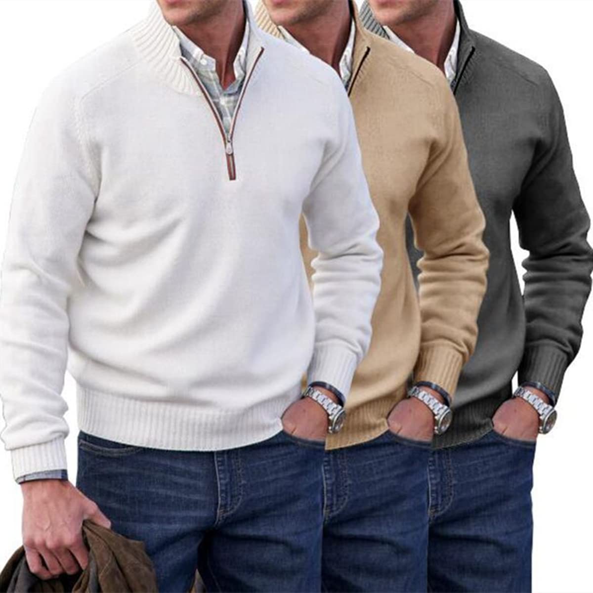 Hombres Cachemira Cremallera Suéter Básico,Suéter de Punto Casual Jersey de Manga Larga,Suéter de Punto de Invierno para los Hombres