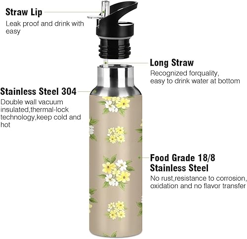 Miniatura 3 de Stainless Steel Vacuum Insulated Water Bottle 20 Oz, Leakproof Water Bottles for Gym Outdoor Travel School, Yellow White Flowers Beige