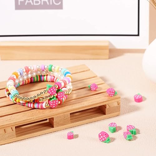 Miniatura 2 de 50 cuentas de arcilla polimérica hechas a mano, color rosa intenso, forma de fresa, cuentas sueltas con temática de fruta, cuentas espaciadoras para