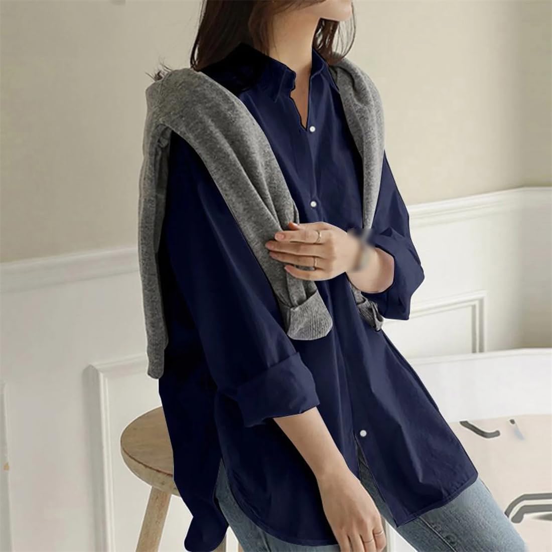 Camisa Extragrande De Color Liso, Camisas De Estilo para Mujer, Blusas De Manga Larga para Oficina, Ropa De Trabajo De Talla Grande