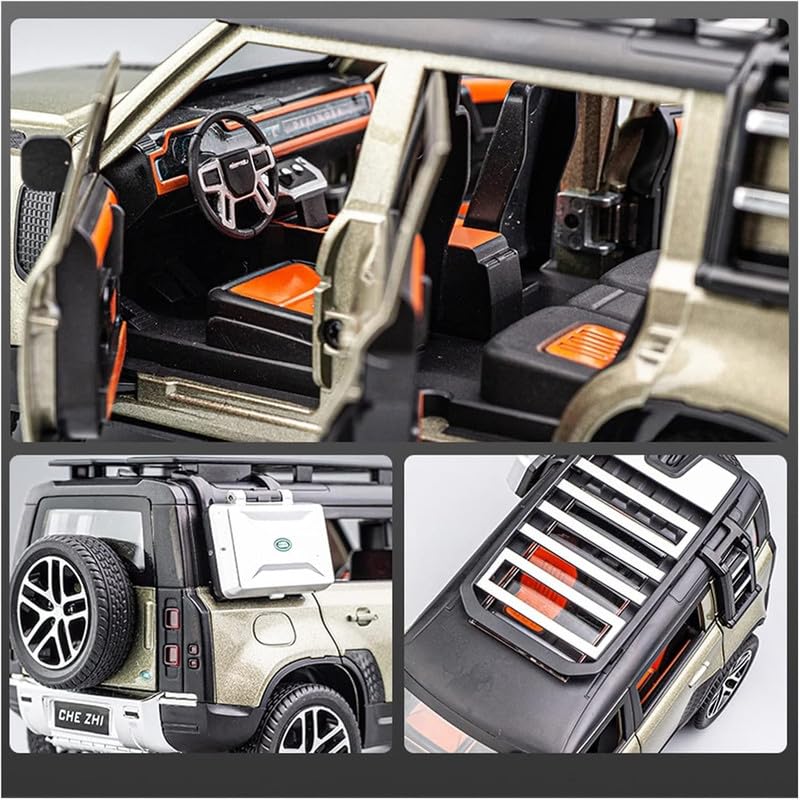Image of PINQUE Kids New Car ‎1:24 Land Rover Defender Diecast Alloy Metal Pull Back Car with Openable Doors Music Sound and Light Vehicle Toy Car for Boys (Olive)