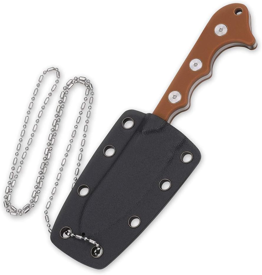 QSP Neckmuk Neck Knife, 2.87" D2 Satin Blade Small Fixed Blade Knife with Kydex Sheath, Brown G10 Handle EDC Full Tang Neck Knives for Camping, Outdoor, Hiking, Survival