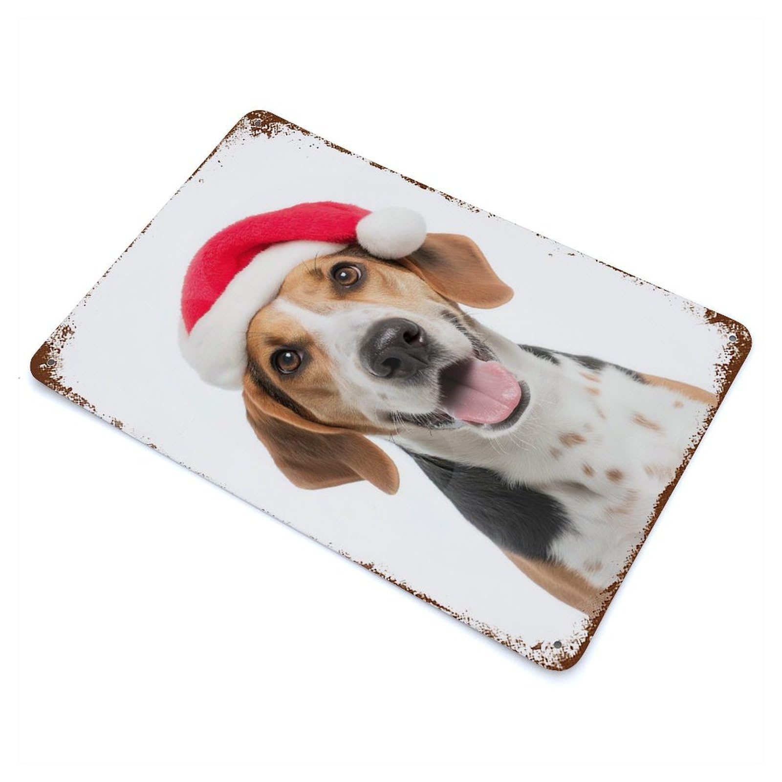 American Foxhound Dog with Santa Hat Portrait 11.8"x7.9" Vintage Rust Metal Sign, Shabby Chic Decor for Garage, Bar And Workshop Decor