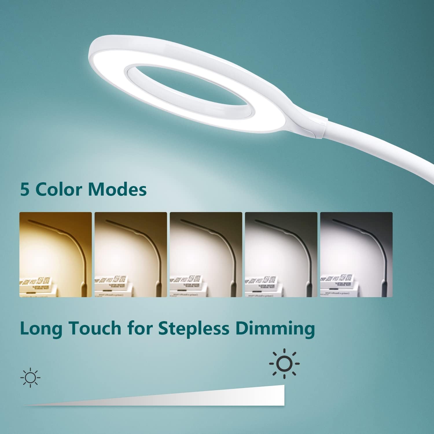 Aigostar Flexo 10KZP LED Desk Lamp showing 5 color modes and stepless dimming