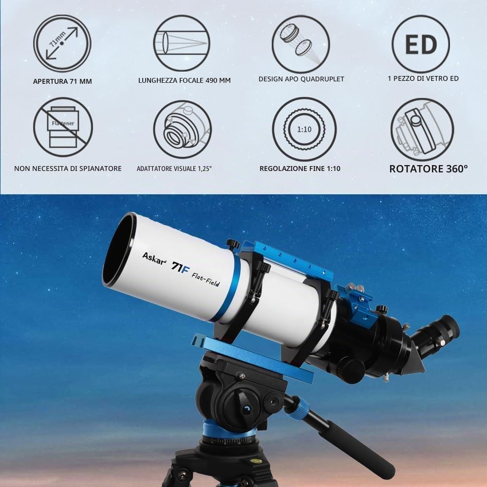 Askar 71F Flat Field Telescope F6.9 ED Glass Refractor 71mm OTA Aperture Quadruplet Airspaced Quadruplet Piastra a coda di rondine da 230 mm per astrofotografia Deep Sky