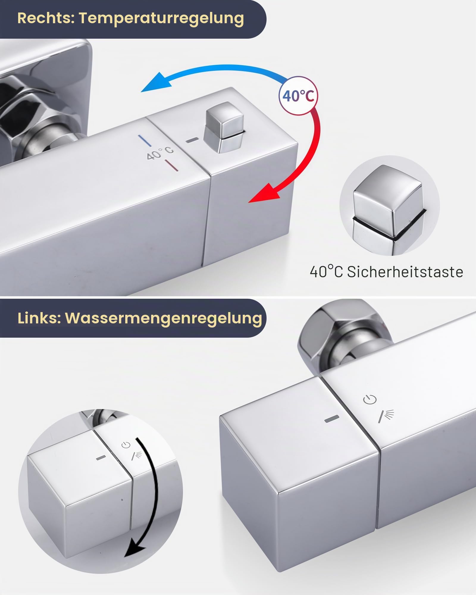 ARCORA Duschthermostat Messing 40°C Sicherheitssperre ohne Schlauch Chrom | Thermostat-Duscharmatur Messing 40°C Sicherheitssperre, ohne Brauseschlauch, Wandeinbau, Chrom
