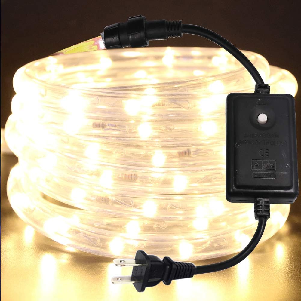 LED Rope Lights, 1/2" LED Strip Lights 3500K Warm White, 46ft/14m AC 110-130V Water Resistant Tube Light with 8 Flickering/Fading Modes,Connectable, Suitable for Indoor & Outdoor Use