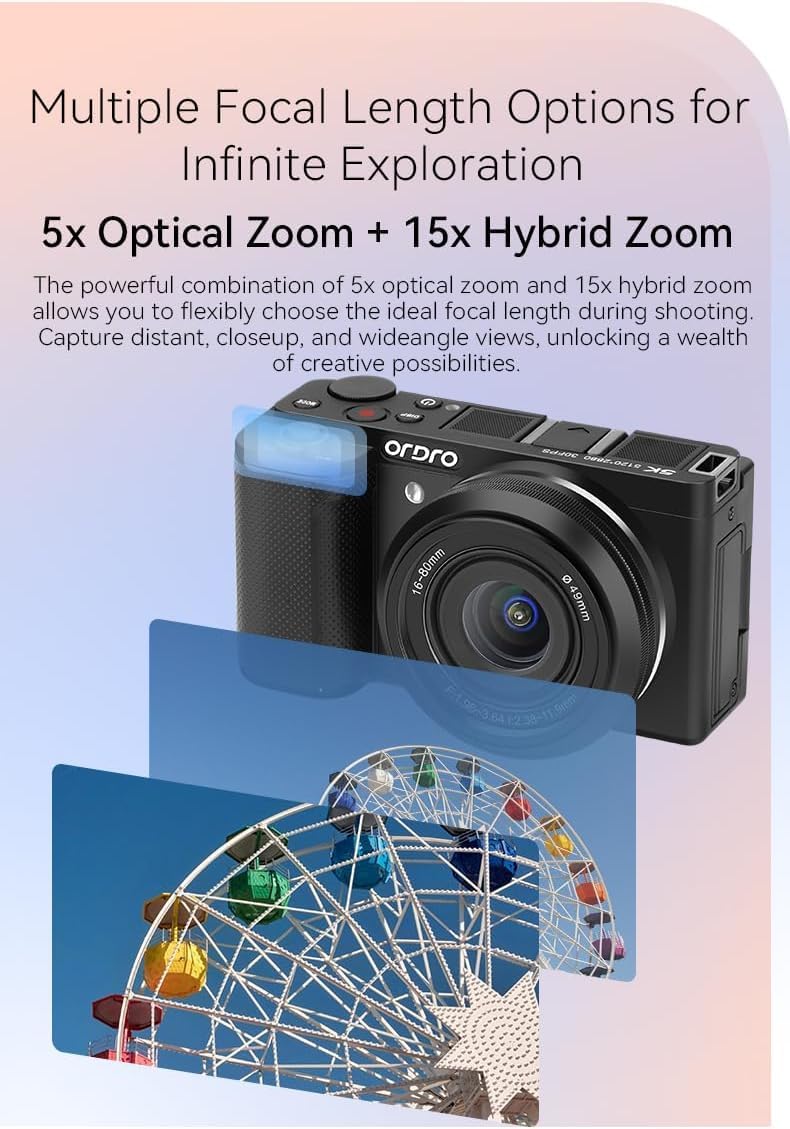 ORDRO G930 Digtal Camera for Photography Autofucus, 64MP 3.2'' Flip Screen Vlogging Camera for YouTube, 5X Optical Zoom with 2 Batteries, Small Tripod, 64G Card
