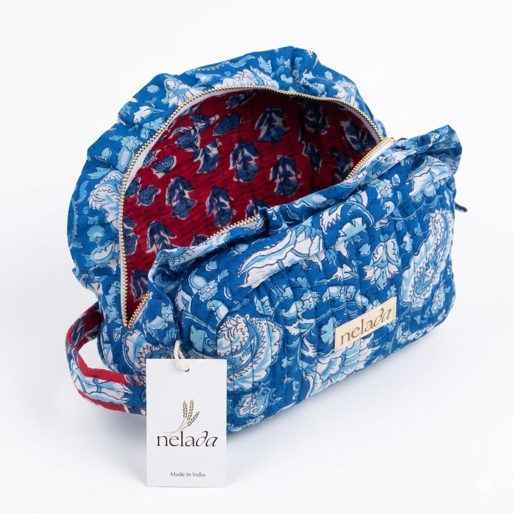 Handcrafted Block Print Quilted Cotton Makeup Bag | 100% Cotton with Elegant Frill Detail | Unique Handmade Gift for Her, Travel Makeup Organizer | Floral Handblock Print (Blue)
