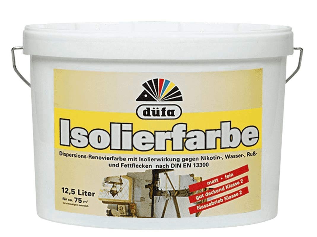 Düfa 2,5 Liter Isolierfarbe Innendispersionsfarbe/Renovier-Innenfarbe mit isolierender Wirkung gegen Nikotin-, Wasser-, Ruß- und Fettflecken. Hoch deckend, leistungsstark.