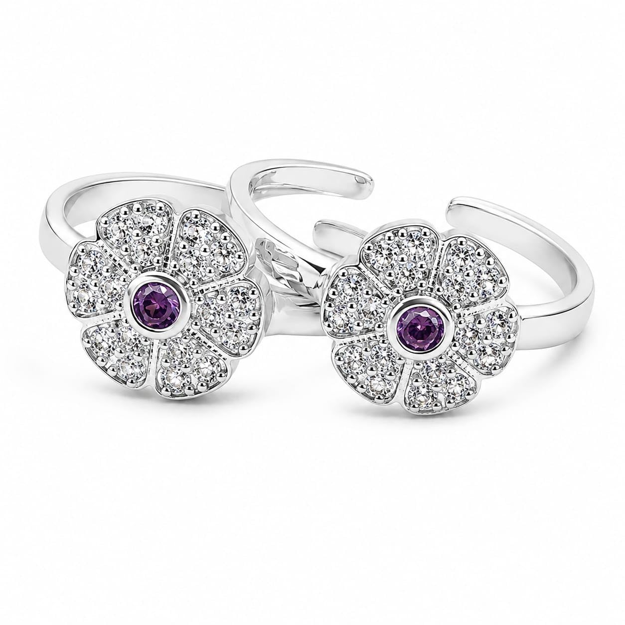 925 Sterling Silver Flower Toe Ring with Purple CZ, Set of 2-picture-20