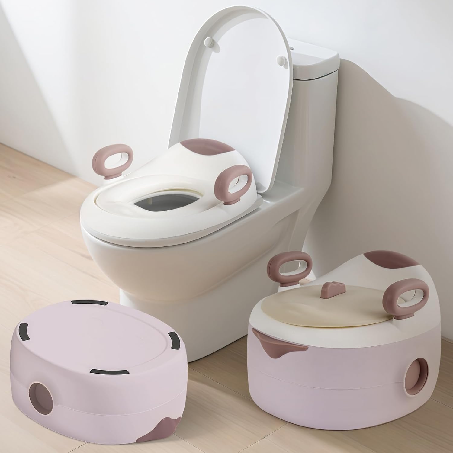 3-in-1 Toddler Potty Training Toilet, Multi-Stage Convertible Potty Chair with Soft Cushion & Step Stool, Toilet Training Seat for Boys & Girls (Pink), Ages 1–6