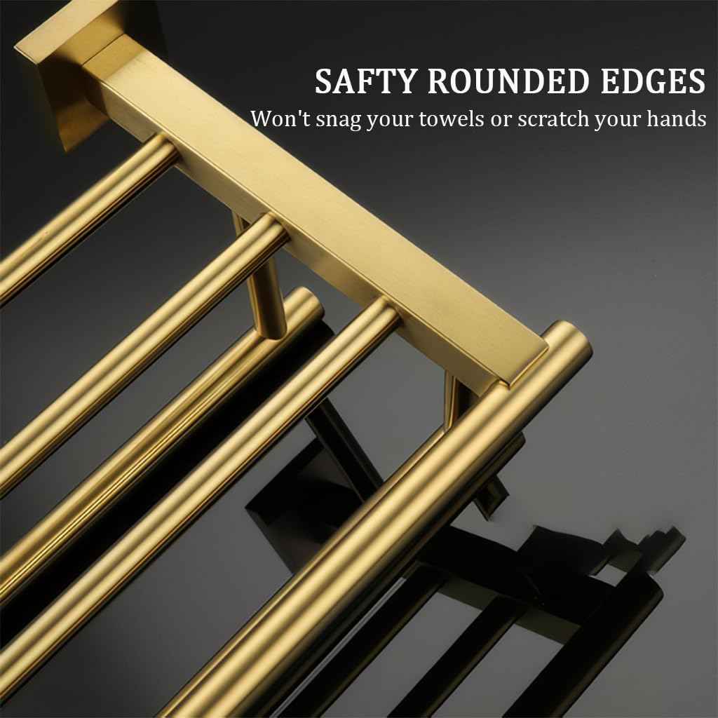 SEIDO 30 Inch Wall Mounted Towel Rack with Shelf, 2-Tier Bathroom Organizer with Double Towel Bar, Rustproof 304 Stainless Steel Towel Shelf, Heavy Duty Brushed Gold Towel Holder for Bathroom