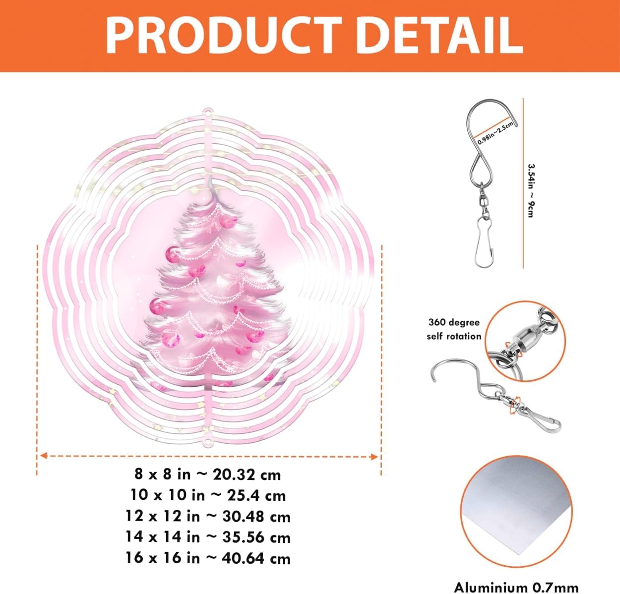 Pink Christmas Pine Tree Christmas Wind Spinners 3D Stainless Steel Laser Cut Metal Double Sided Printing-Hanging Indoor/Outdoor Decorations Yard Gardening Decor,Metal Kinetic Art 14x14 inches