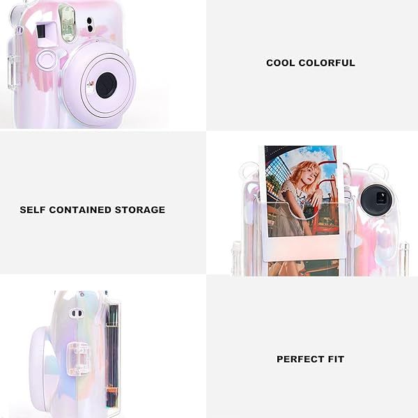 Mini 12 Camera Case, Illusion Color Transparent Case for Fujifilm Instax Mini 12, Protective PVC Crystal Case with Adjustable Shoulder Strap, Silver Pink - 2