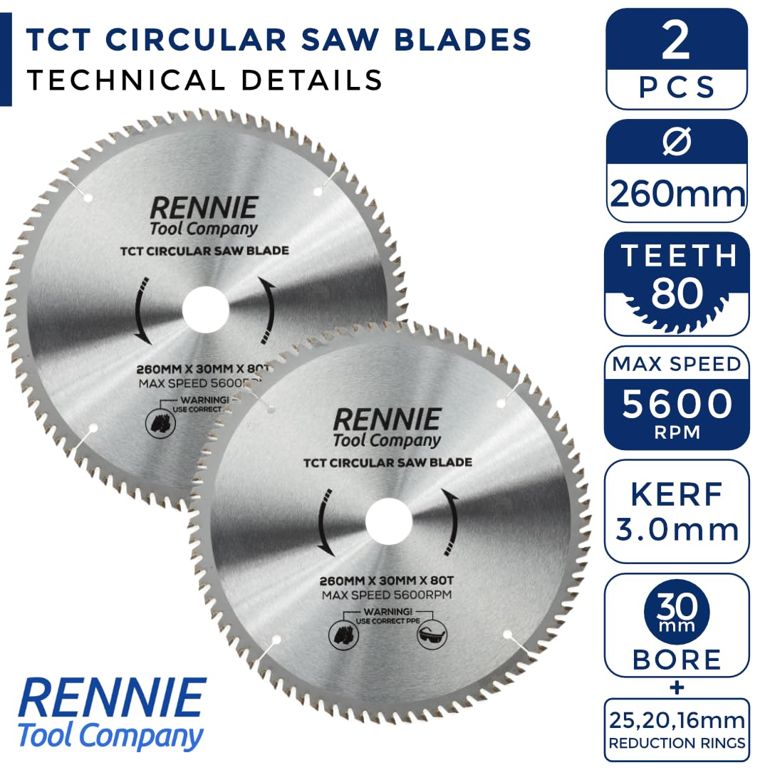 Confezione da 2) 260 mm x 30 mm foro x 80 T TCT lame circolari per legno include anelli di riduzione 16 mm 20 mm e 25 mm
