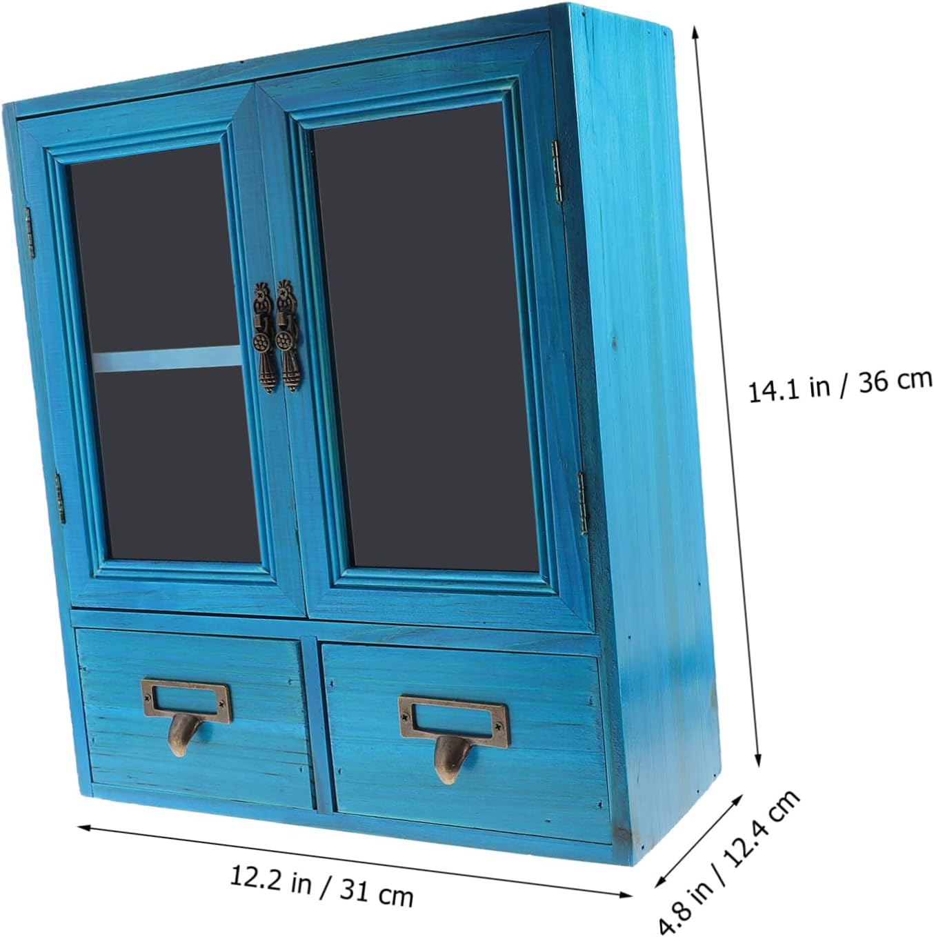 KICHOUSE Wooden Wall Cabinet, Blue, 36X31X12.4CM, Rustic Style, Double Door, 2 Shelves, Kitchen