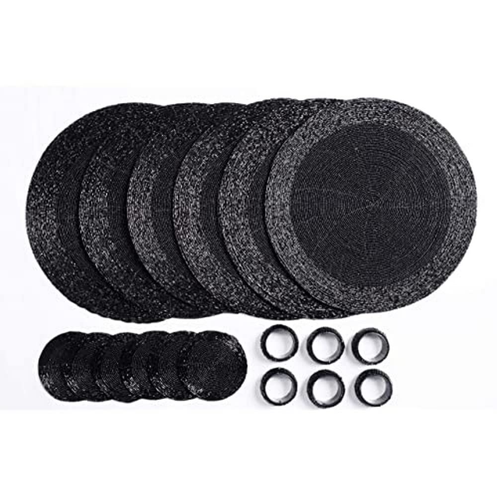 Penguin Home Handcrafted Glass Beaded Round Placemats, Coasters & Napkin Rings Set of 18 - Handmade Table Place Mats for Dining - 32 cm (13") Diameter (Black)