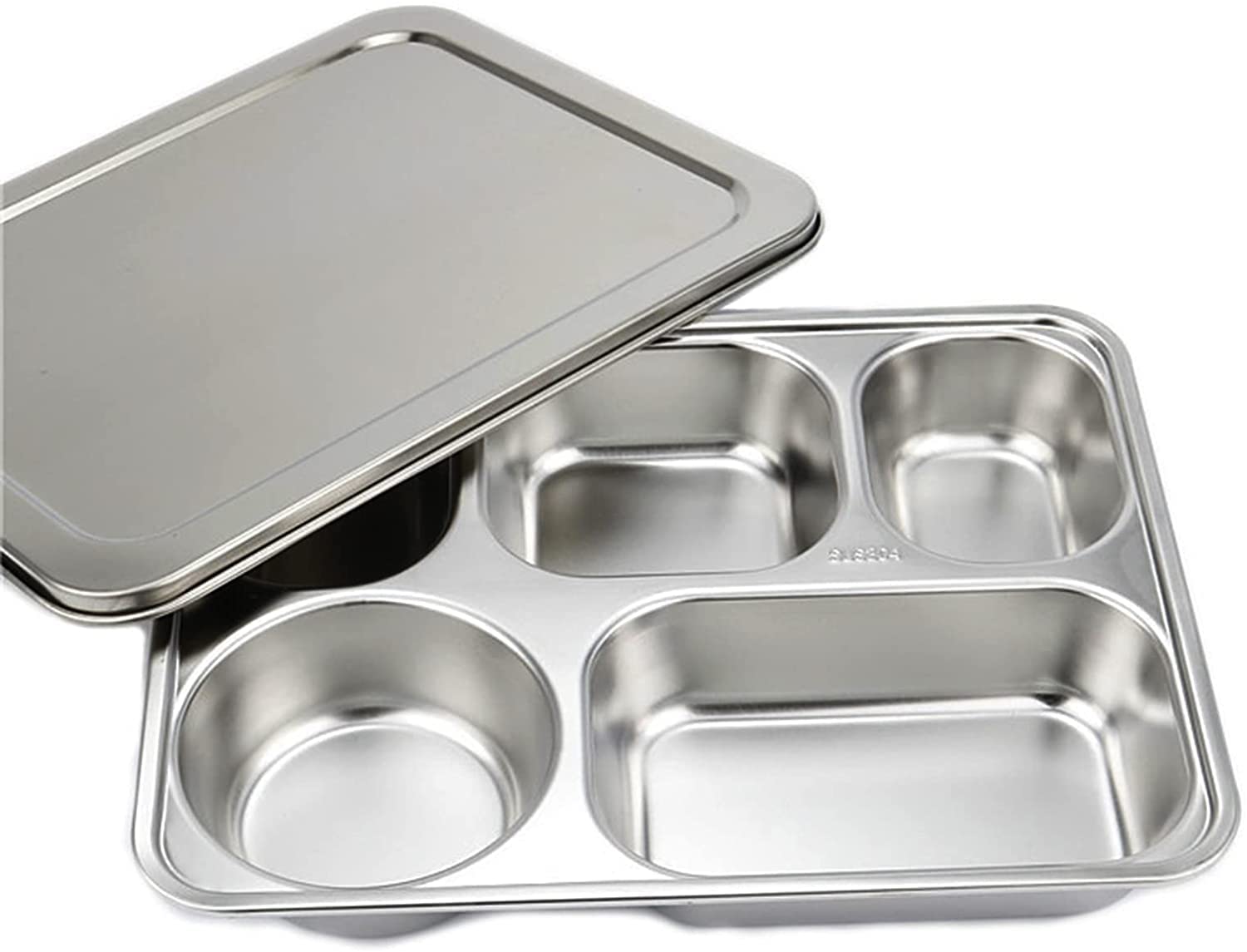 Plateau à dîner divisé en 5 sections avec couvercle, assiettes divisées rectangulaires en acier inoxydable 304, plateau de service compact boîte à lunch pour le contrôle des aliments (lot de 100)