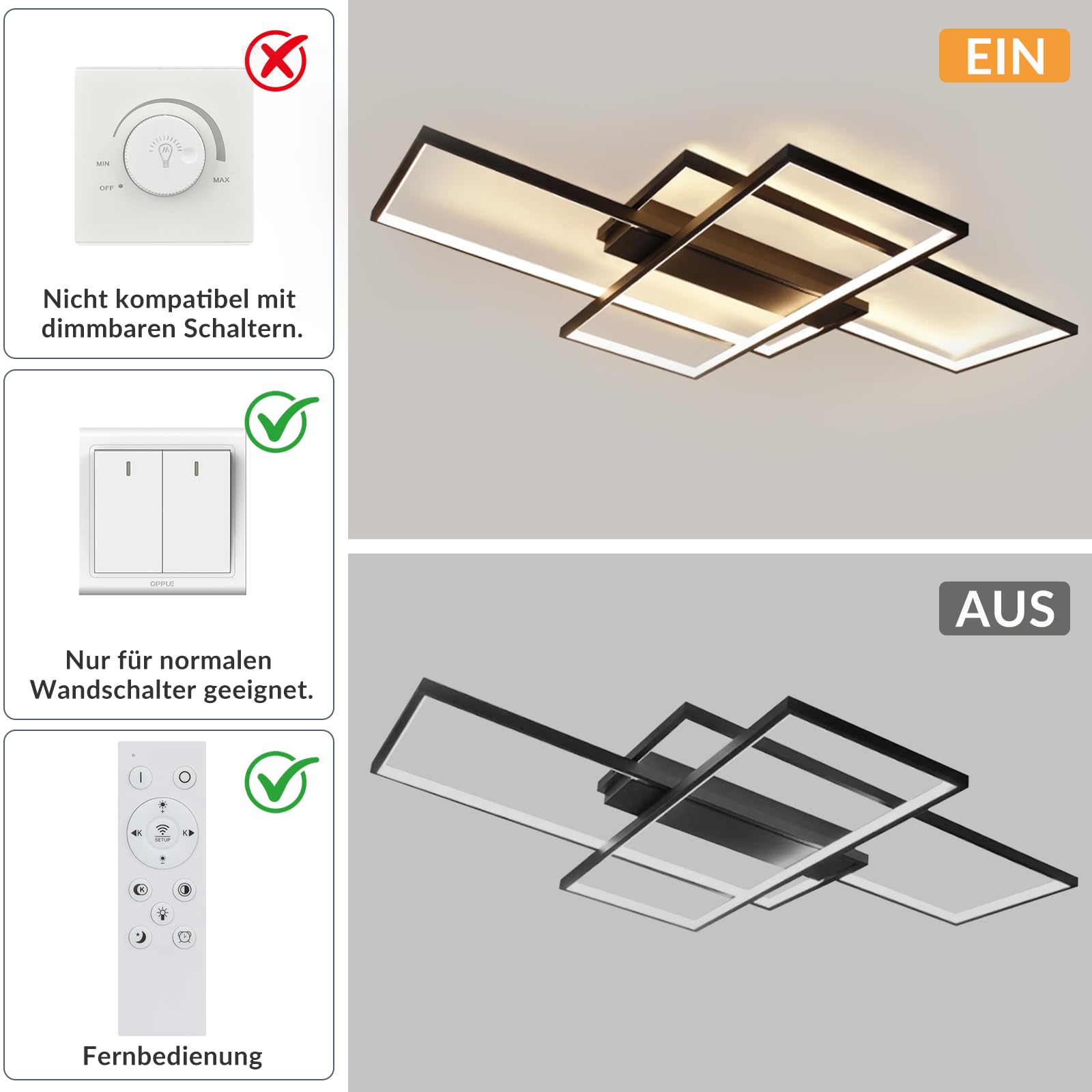 GBLY Deckenlampe LED Deckenleuchte Wohnzimmer 100cm Dimmbar Wohnzimmerlampe | 88W Schwarz Modern Rechteck Schlafzimmerlampe groß Geometrisch Schlafzimmer Büro Küche lampe Fernbedienung