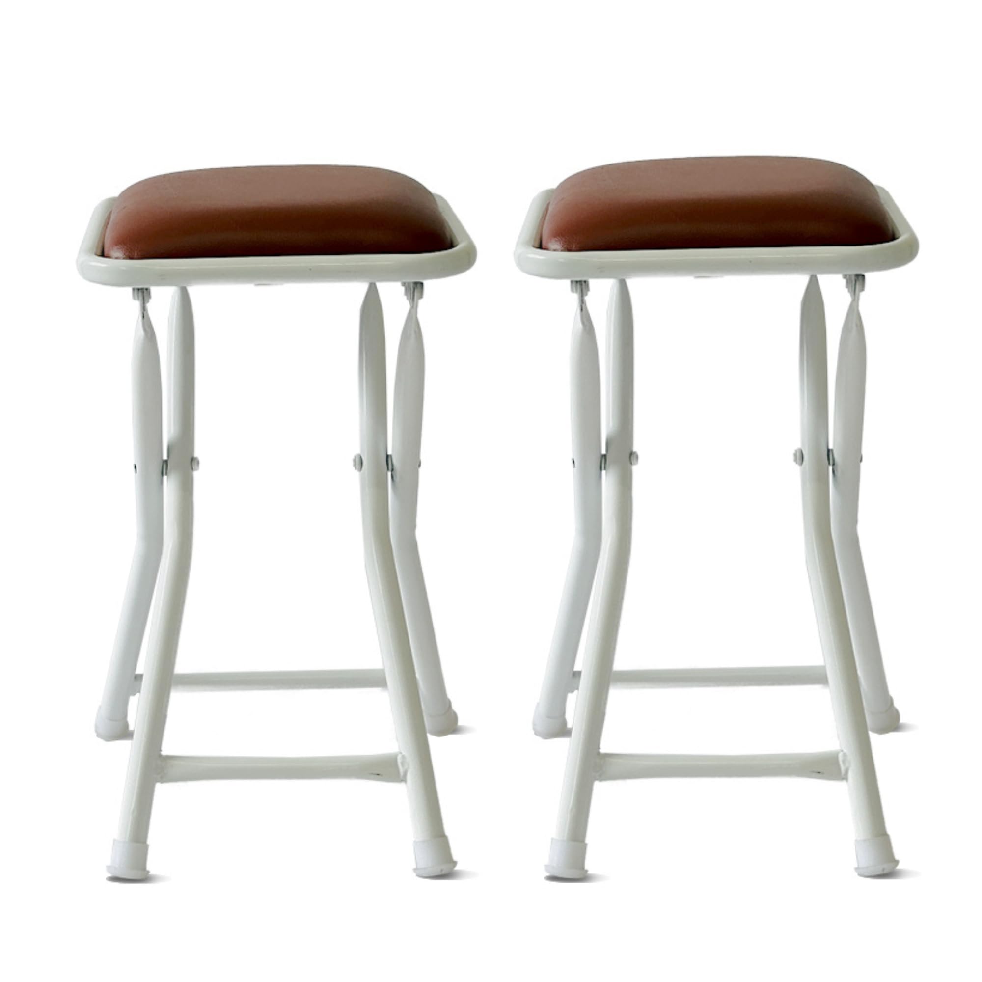 Portable Folding Stool with Cushioned Seat, Heavy-Duty Collapsible Square Stool with White Footrest for Kitchen, Office, Dorm, and Game Room(Brown Cushion)(Set of 2)
