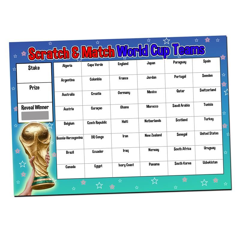 World Cup Scratch Cards A4 Football Sweepstake Kit for Pub Party & Office Match & Win with Prize & Stake Sections Fun Group Activity for Tournaments & Events (Single Scartch Card)