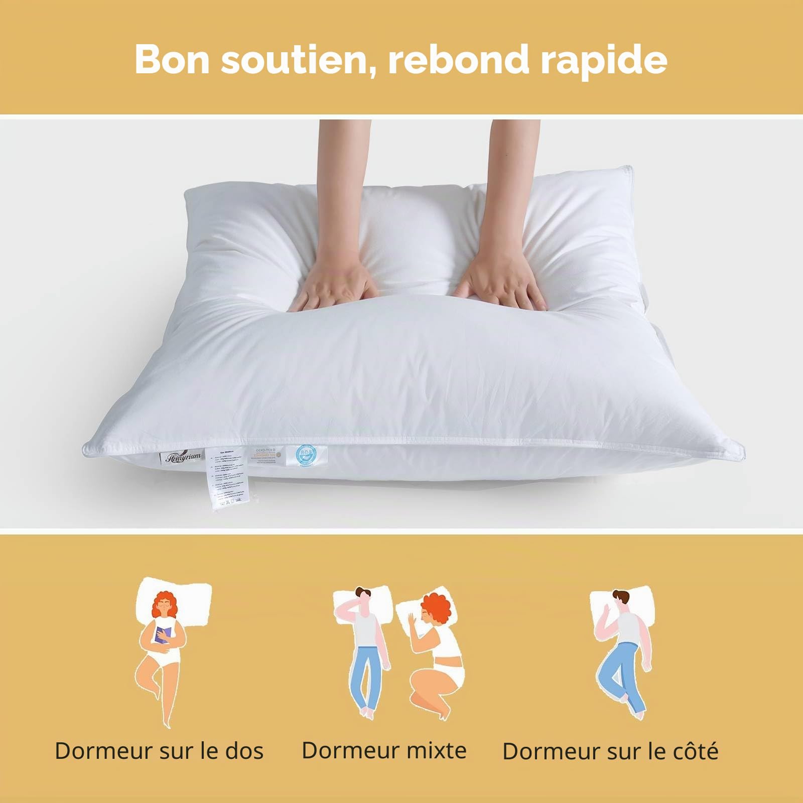 Homyrium Oreiller en Duvet 80 x 80 cm Coussin à 3 Compartiments, Rembourrage : Extérieur 90% Duvet / 10% Plumes ; Intérieur 100% Plumes, Housse 100% Coton (1600 g, 1 pièce)