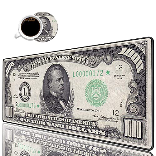 Luasao Desk Pad Mat Gaming Mouse Pads with Coasters Set, Stitched Edges Design Mouse Pad XXL Large Mouse Pad for Laptop Computers 1000 Dollar Bill Desk Writing Mat for Office & Home 31.5x 11.8