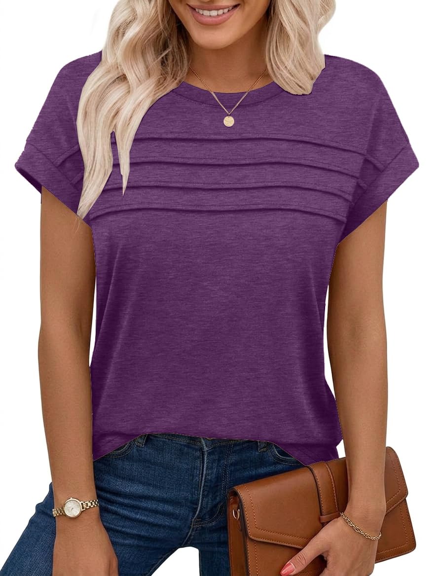 Chicrise Women's Purple Vest Tops Uk Summer Pleated Cap Sleeve Tank Top Crew Neck Sleeveless Basic Casual T Shirt Small 8-10