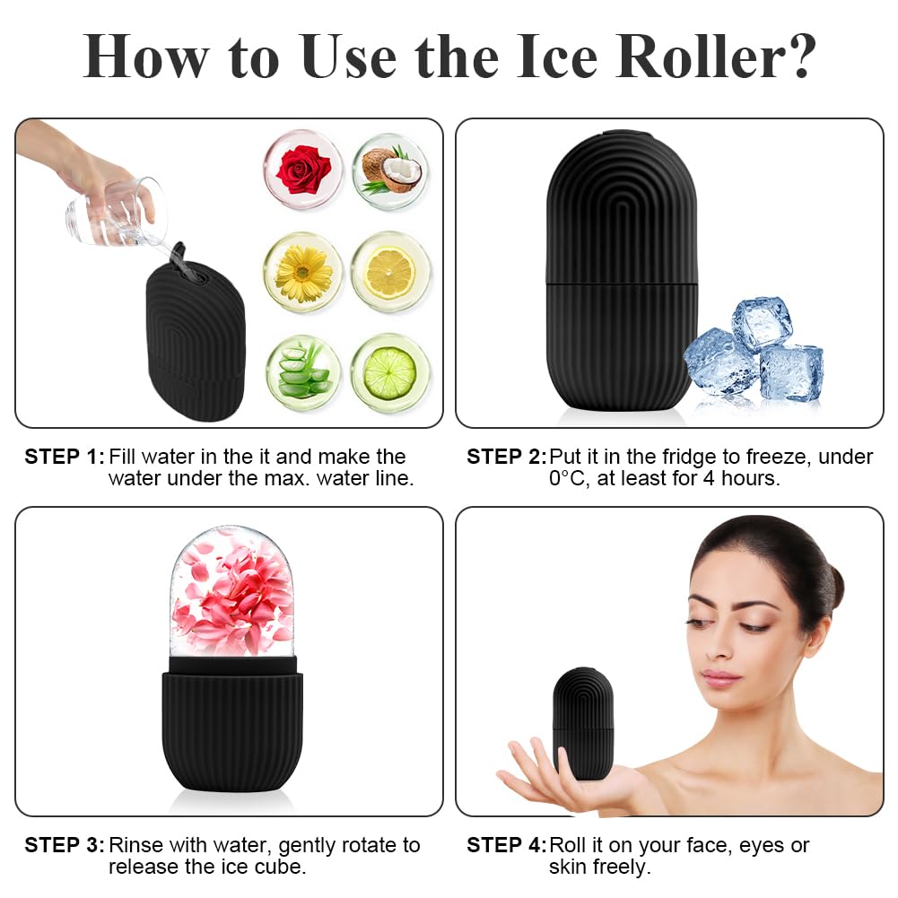 flintronic Ice Face Roller, silikonowy wałek do lodu, wielokrotnego użytku, narzędzia do pielęgnacji skóry dla jędrnej skóry, minimalizują linie oczu, rozjaśnia twarz (czarny)